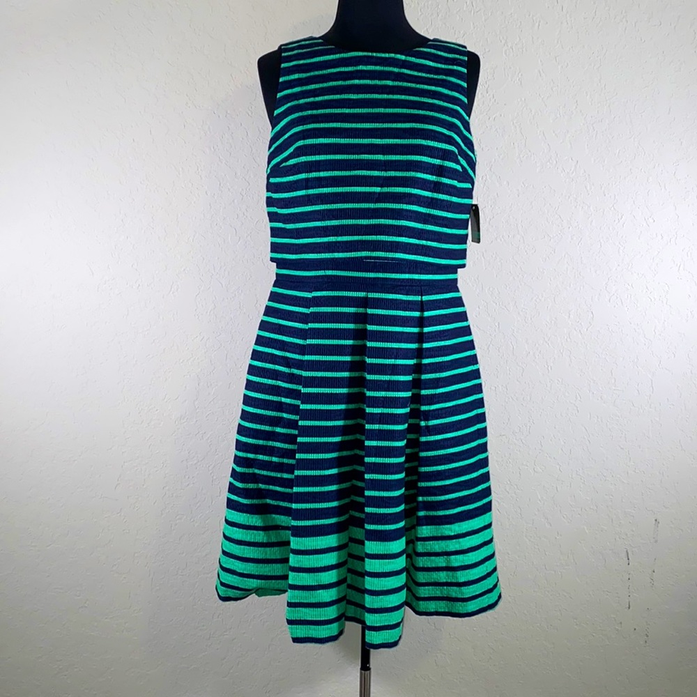 Taylor “Fannie” striped navy/green textured with pockets and zippered back.